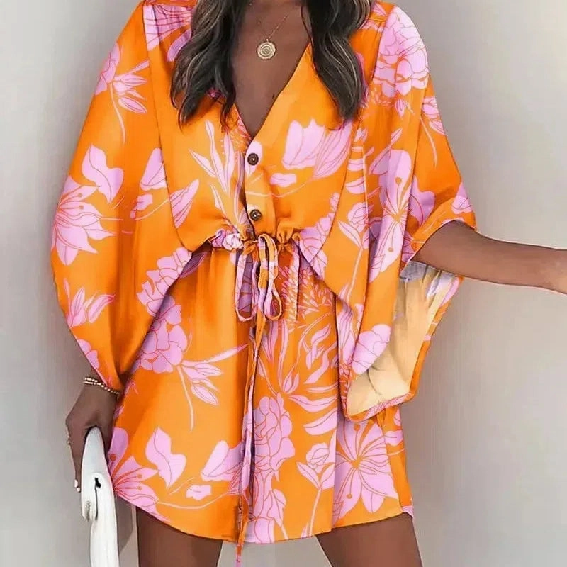 Summer New Beach Party Elegant Women's Fashion Sexy Dress V-Neck Lace Up Button Print Casual Short Sleeve Miniskirt