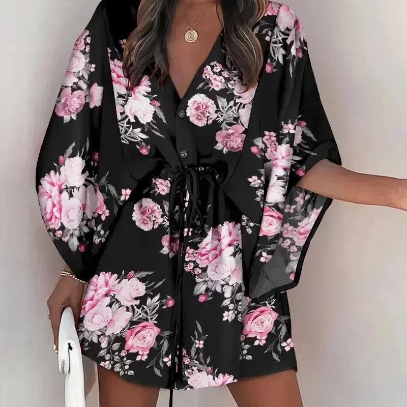Summer New Beach Party Elegant Women's Fashion Sexy Dress V-Neck Lace Up Button Print Casual Short Sleeve Miniskirt