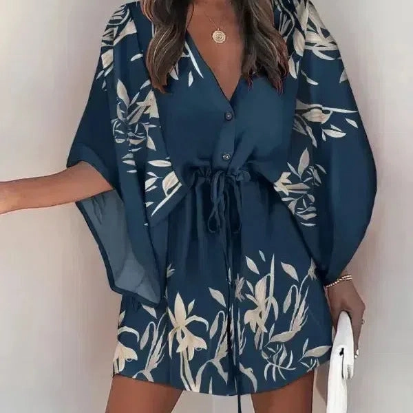 Summer New Beach Party Elegant Women's Fashion Sexy Dress V-Neck Lace Up Button Print Casual Short Sleeve Miniskirt