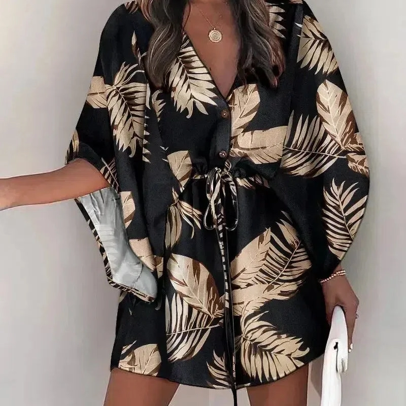 Summer New Beach Party Elegant Women's Fashion Sexy Dress V-Neck Lace Up Button Print Casual Short Sleeve Miniskirt