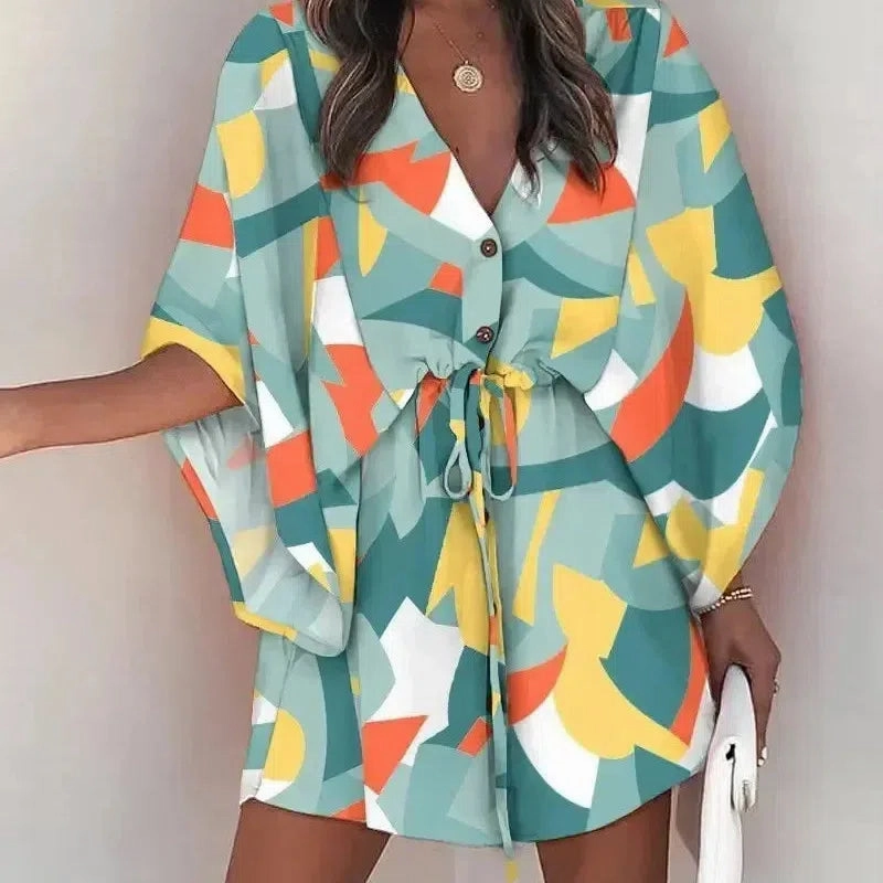 Summer New Beach Party Elegant Women's Fashion Sexy Dress V-Neck Lace Up Button Print Casual Short Sleeve Miniskirt