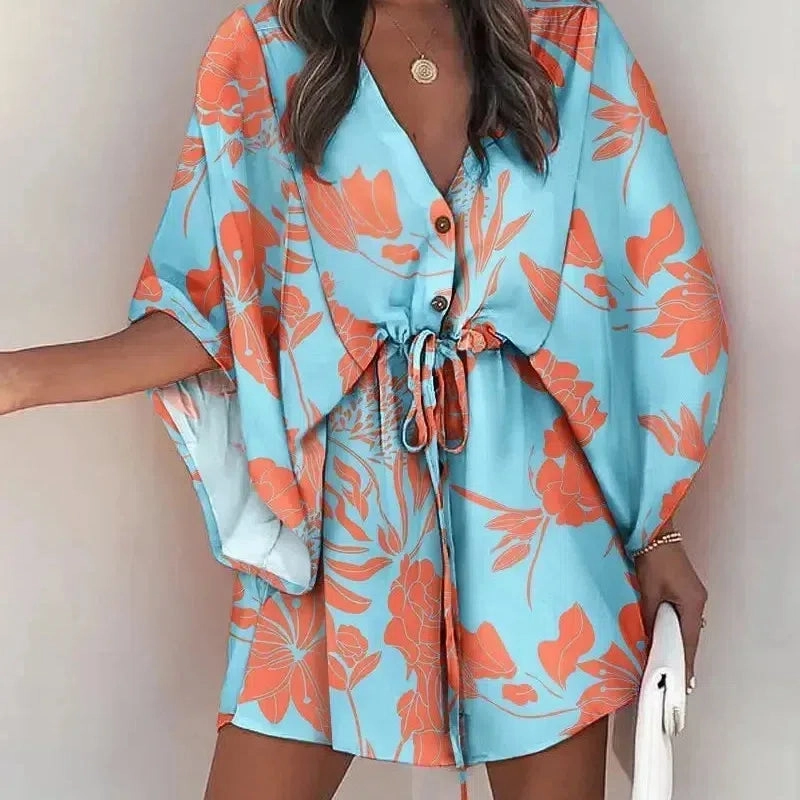 Summer New Beach Party Elegant Women's Fashion Sexy Dress V-Neck Lace Up Button Print Casual Short Sleeve Miniskirt