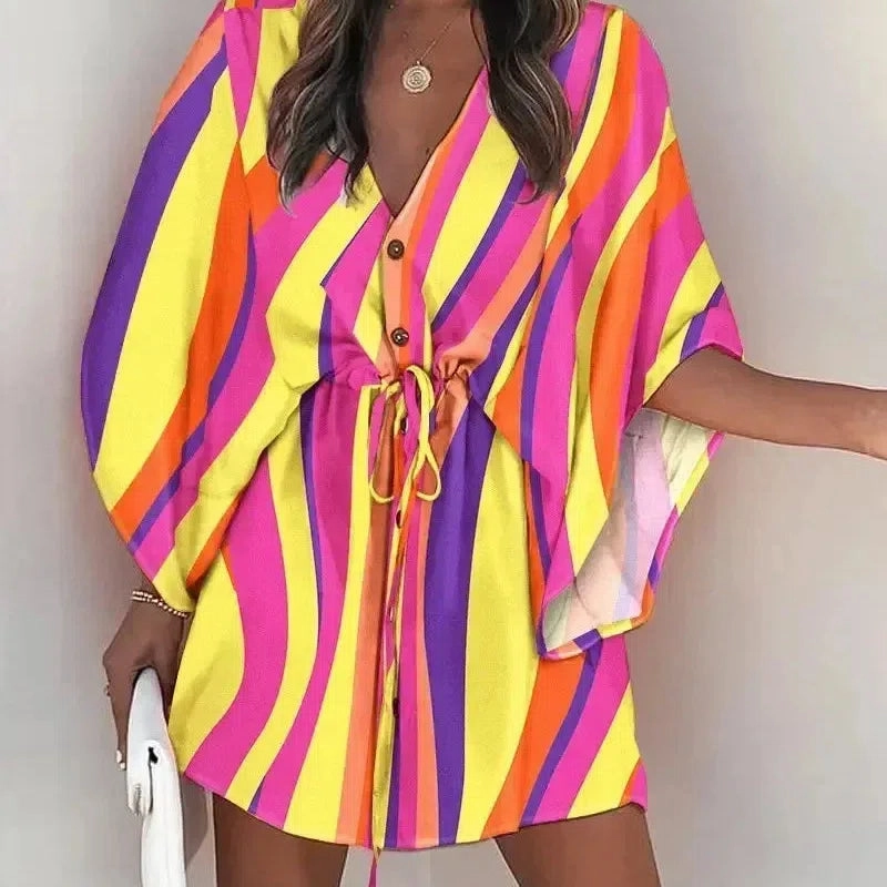 Summer New Beach Party Elegant Women's Fashion Sexy Dress V-Neck Lace Up Button Print Casual Short Sleeve Miniskirt