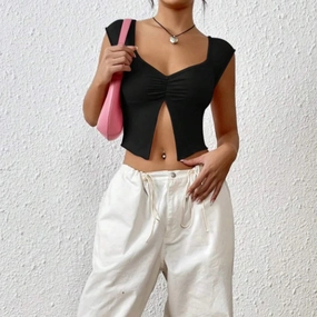 Summer New European and American Pleated Sexy Slim Fit Deep V-slit Open Navel Top T-shirt for Women