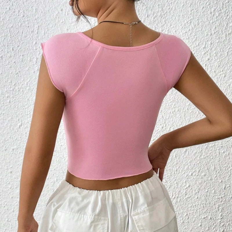 Summer New European and American Pleated Sexy Slim Fit Deep V-slit Open Navel Top T-shirt for Women