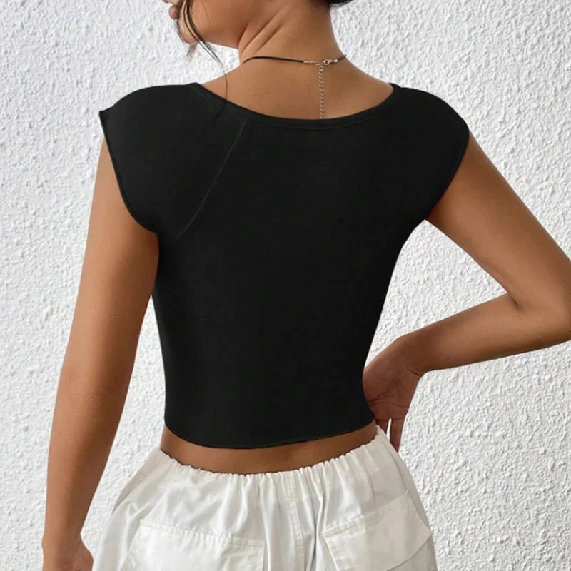 Summer New European and American Pleated Sexy Slim Fit Deep V-slit Open Navel Top T-shirt for Women
