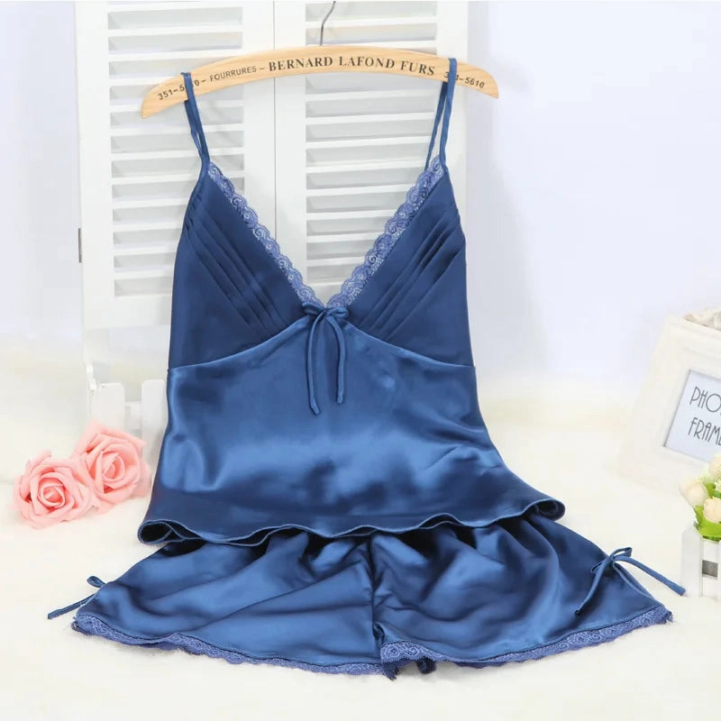 Summer New Pajamas Suit Lace Up Cami & Shorts 2Pcs Sleepwear Rayon Loose Loungewear Big Size 3XL for Homewear and Casual Comfort