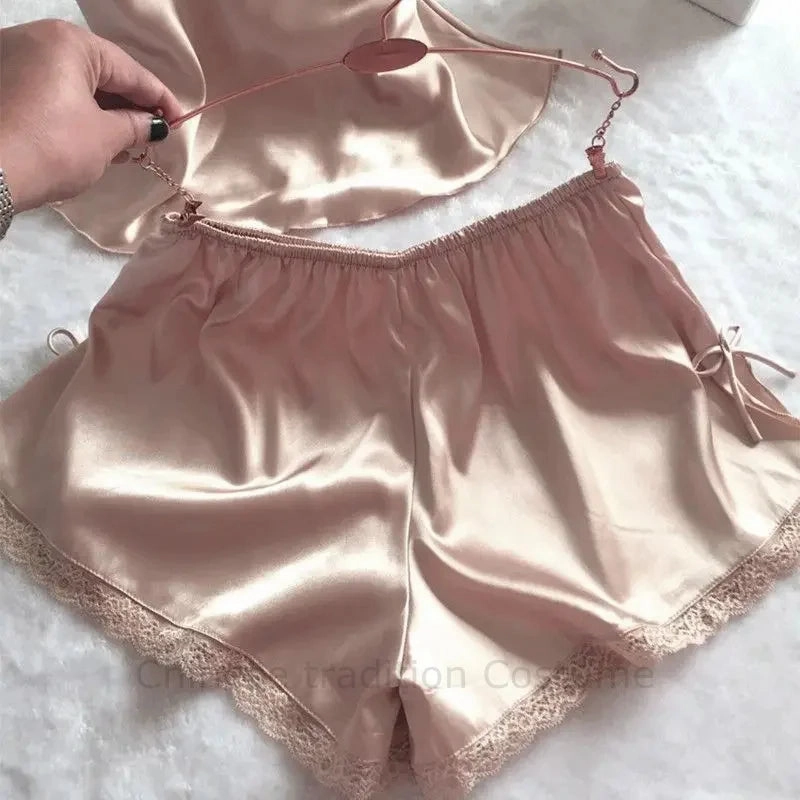 Summer New Pajamas Suit Lace Up Cami & Shorts 2Pcs Sleepwear Rayon Loose Loungewear Big Size 3XL for Homewear and Casual Comfort