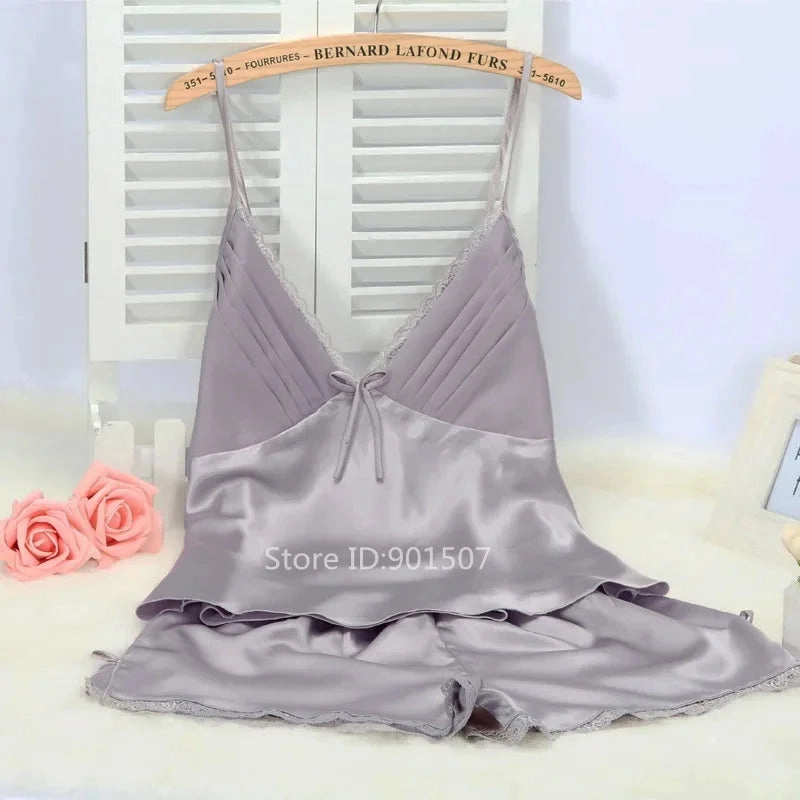 Summer New Pajamas Suit Lace Up Cami & Shorts 2Pcs Sleepwear Rayon Loose Loungewear Big Size 3XL for Homewear and Casual Comfort