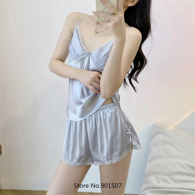 Summer New Pajamas Suit Lace Up Cami & Shorts 2Pcs Sleepwear Rayon Loose Loungewear Big Size 3XL for Homewear and Casual Comfort