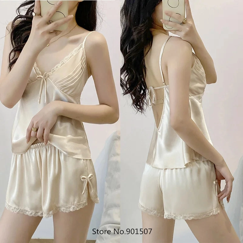 Summer New Pajamas Suit Lace Up Cami & Shorts 2Pcs Sleepwear Rayon Loose Loungewear Big Size 3XL for Homewear and Casual Comfort