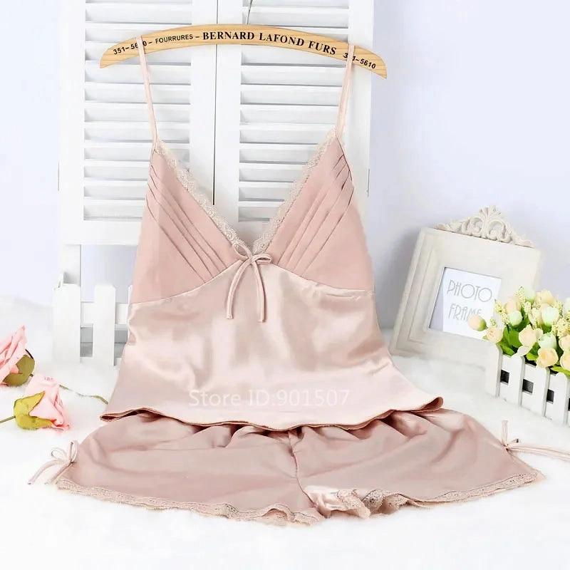 Summer New Pajamas Suit Lace Up Cami & Shorts 2Pcs Sleepwear Rayon Loose Loungewear Big Size 3XL for Homewear and Casual Comfort