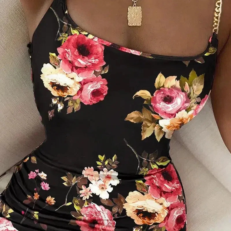Summer New Women Floral Print Dress Chain Decor Bodycon Dress