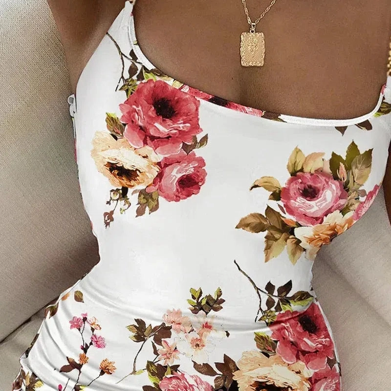 Summer New Women Floral Print Dress Chain Decor Bodycon Dress