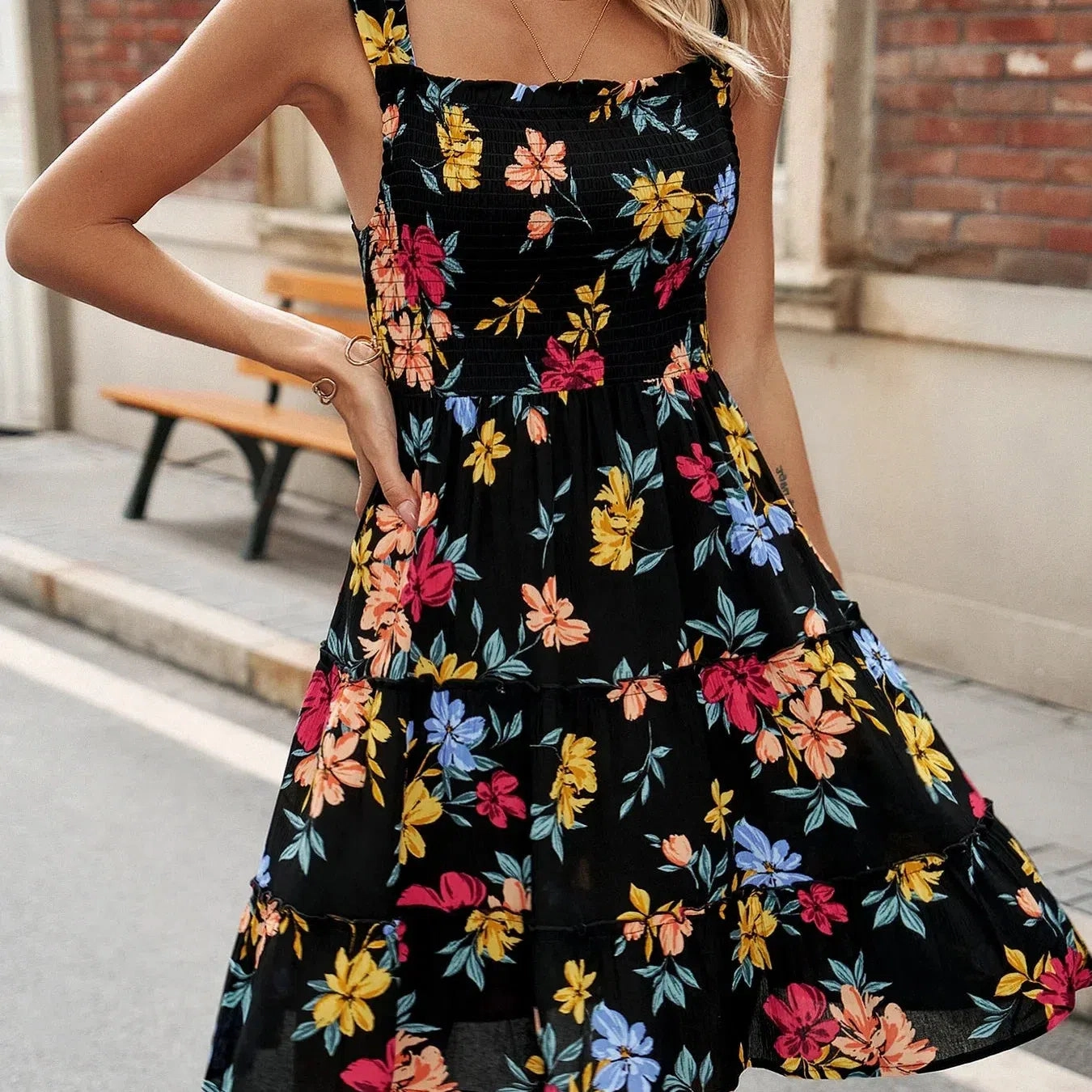 Summer New Women's Retro Sleeveless Floral High Waist Dress