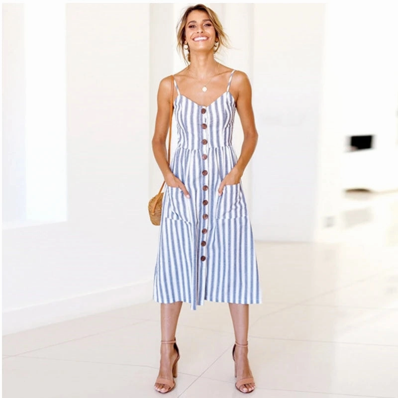 Summer New Women Sexy Sling Pocket Dot Beach Dress