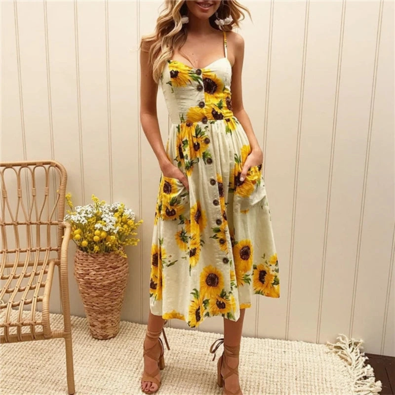 Summer New Women Sexy Sling Pocket Dot Beach Dress