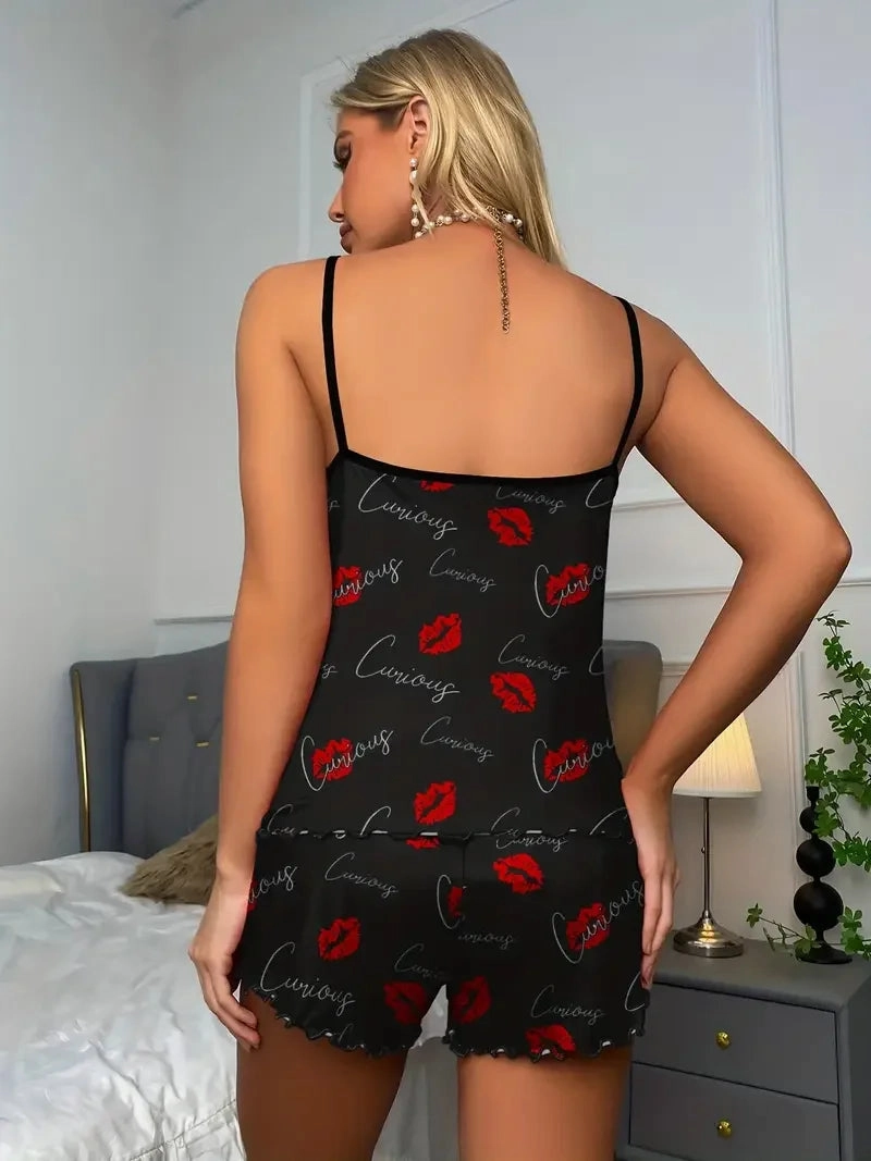 Summer Pajama Set For Women Red Lip Cami Top & Shorts