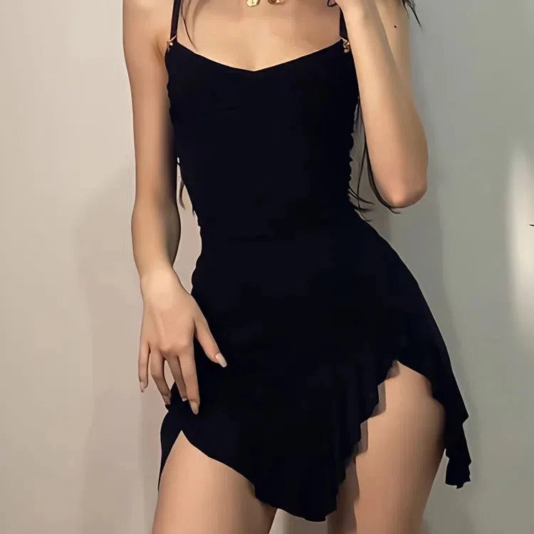 Summer Sexy Mini Dress Women Sleeveless Strap Backless A-Line Bodycon Split Black Dress