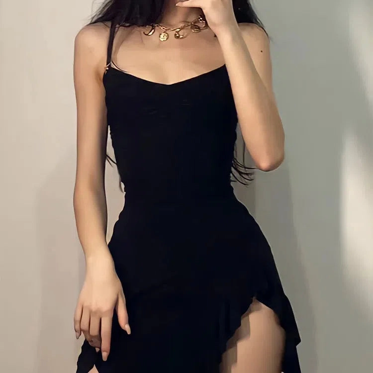 Summer Sexy Mini Dress Women Sleeveless Strap Backless A-Line Bodycon Split Black Dress