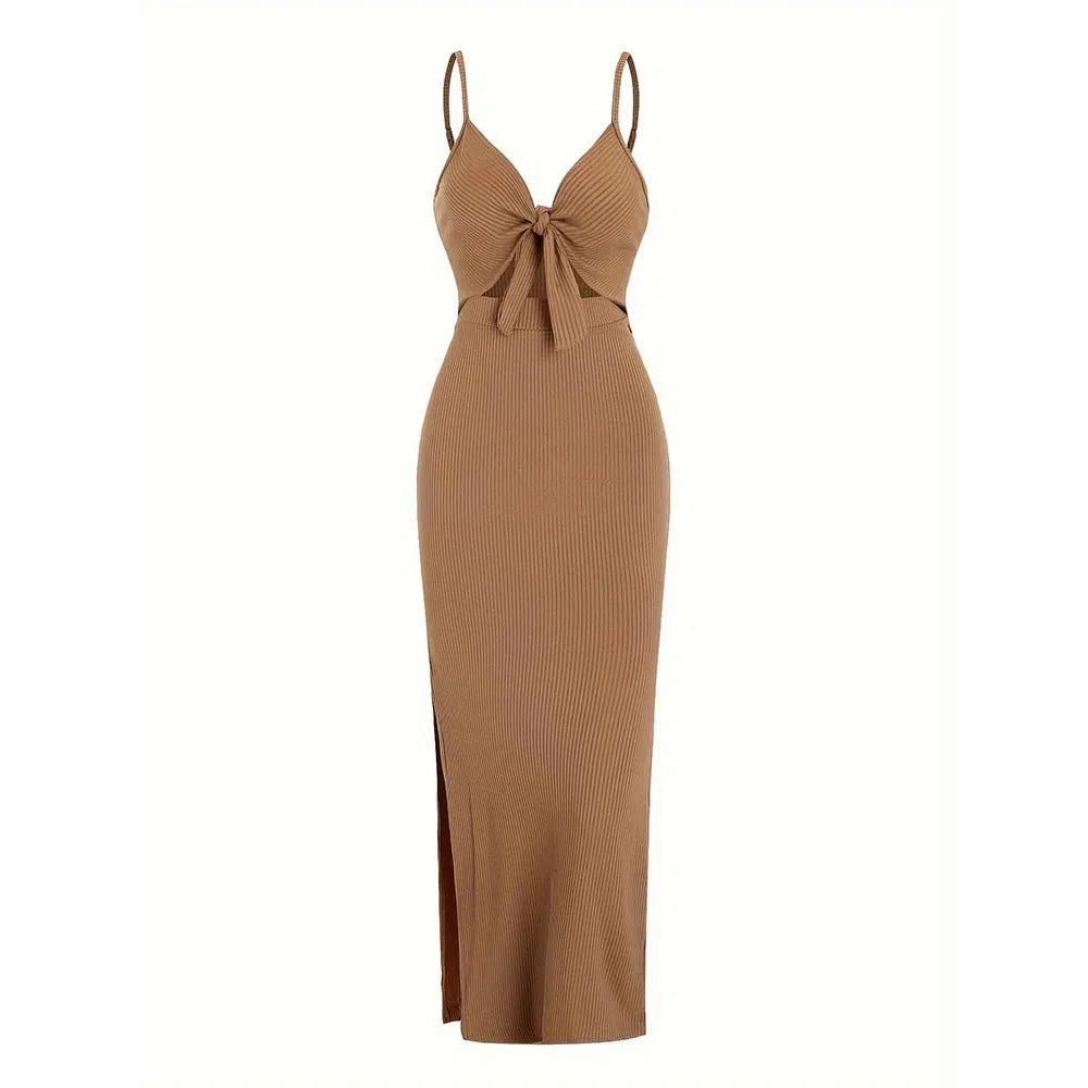 Summer Sexy Women Lace Up Bow Dress Vintage Slim Fit V-Neck