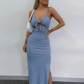 Summer Sexy Women Lace Up Bow Dress Vintage Slim Fit V-Neck