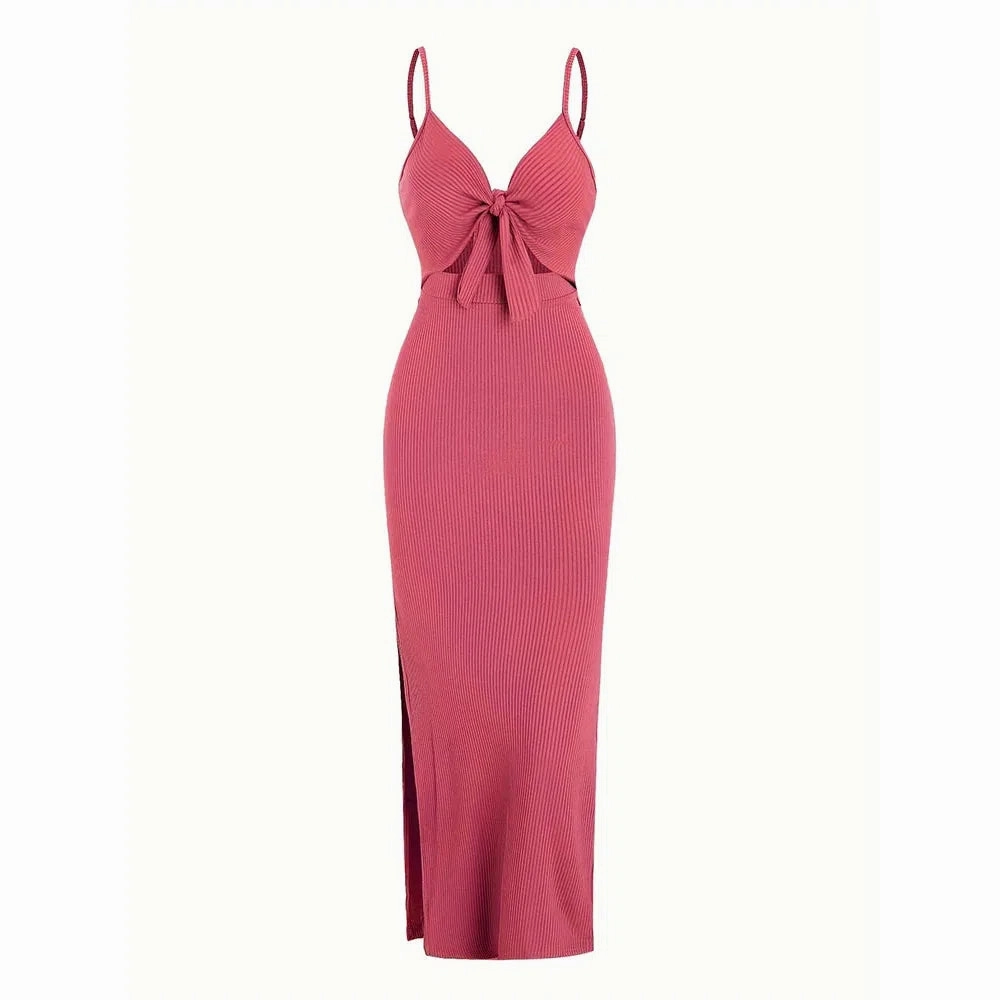 Summer Sexy Women Lace Up Bow Dress Vintage Slim Fit V-Neck