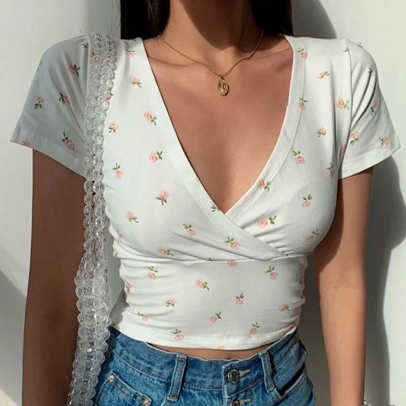 Summer Sexy Women Slim Crop Top T Shirt Low Cut Short Sleeve Stylish Cross Wrap Tees for Teenage Girls