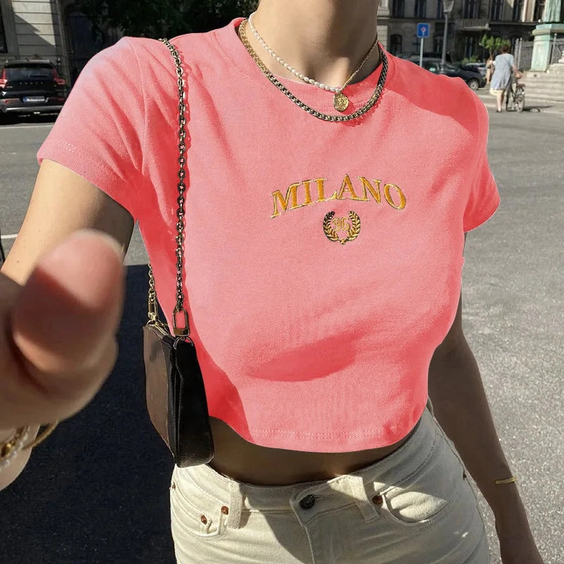 Summer Short Sleeve T-Shirt Women Black Casual Sexy O-Neck Tees Letter Embroidery Crop Top Fashionable Streetwear Basic Top