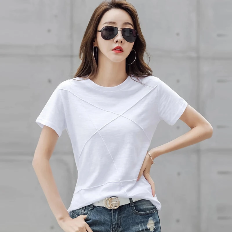 Summer Slim Fit Ribbed Cotton Bamboo Tees for Women - O-Neck Short Sleeve Casual Tops in Solid Colors