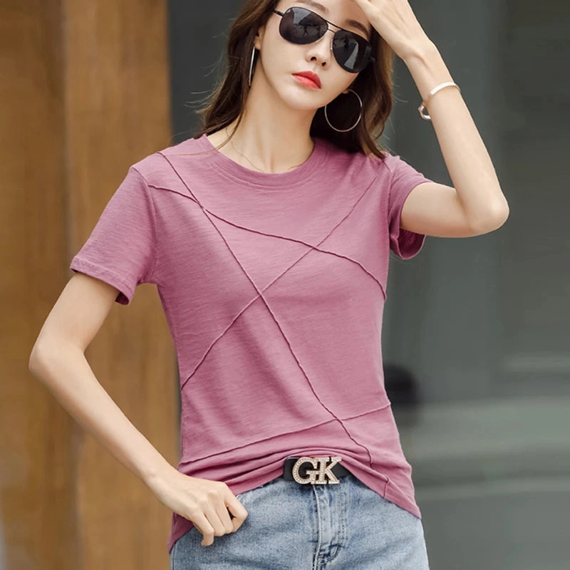 Summer Slim Fit Ribbed Cotton Bamboo Tees for Women - O-Neck Short Sleeve Casual Tops in Solid Colors