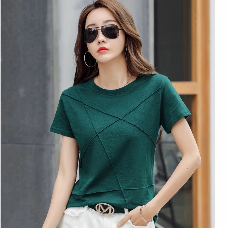 Summer Slim Fit Ribbed Cotton Bamboo Tees for Women - O-Neck Short Sleeve Casual Tops in Solid Colors