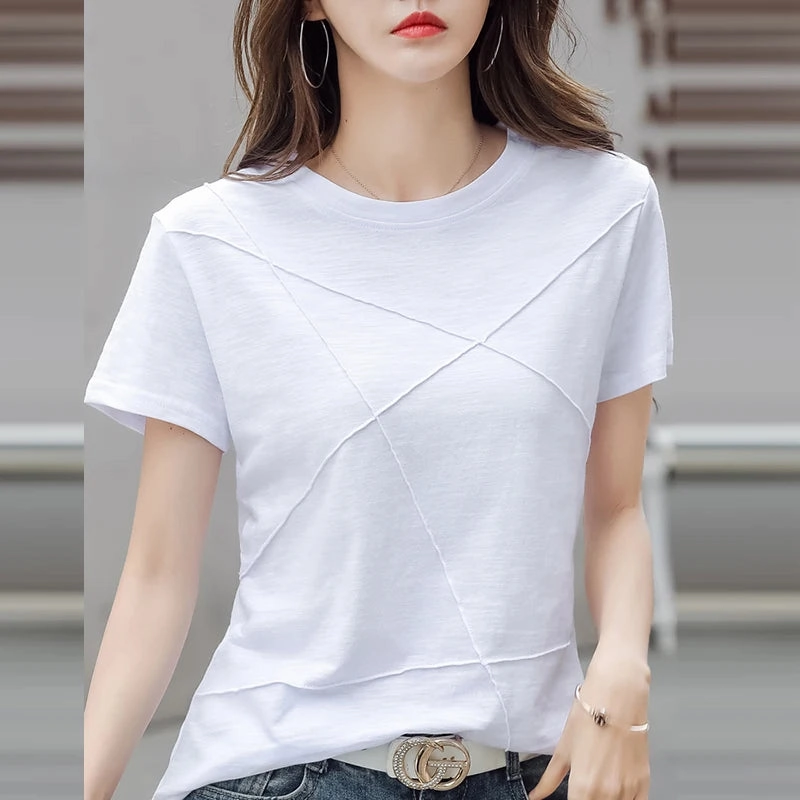 Summer Slim Fit Ribbed Cotton Bamboo Tees for Women - O-Neck Short Sleeve Casual Tops in Solid Colors
