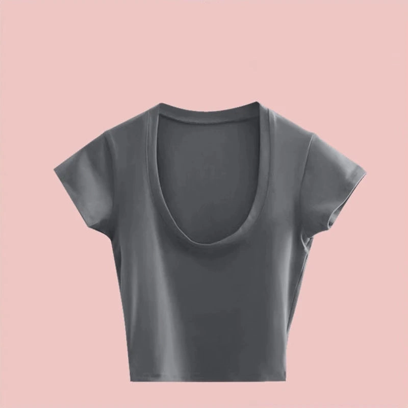 Summer Slim T-Shirt Women Sexy Short Sleeve U-Neck Gray Tee Casual Basic Crop Top Black White Hot Y2k Fashion
