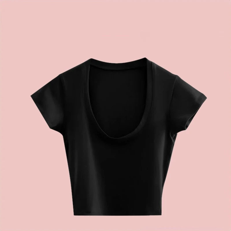 Summer Slim T-Shirt Women Sexy Short Sleeve U-Neck Gray Tee Casual Basic Crop Top Black White Hot Y2k Fashion