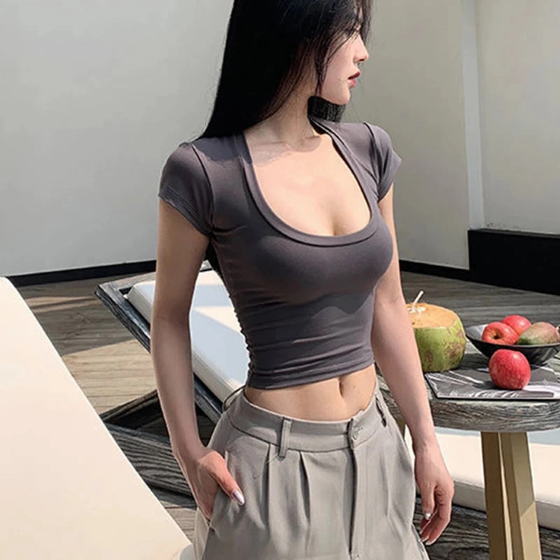 Summer Slim T-Shirt Women Sexy Short Sleeve U-Neck Gray Tee Casual Basic Crop Top Black White Hot Y2k Fashion