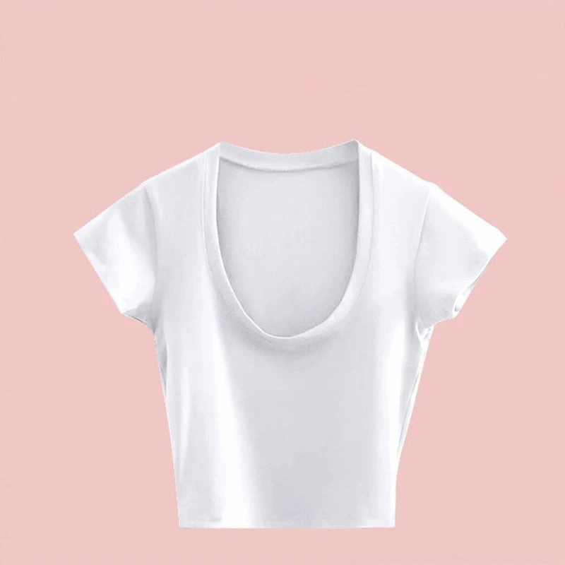 Summer Slim T-Shirt Women Sexy Short Sleeve U-Neck Gray Tee Casual Basic Crop Top Black White Hot Y2k Fashion