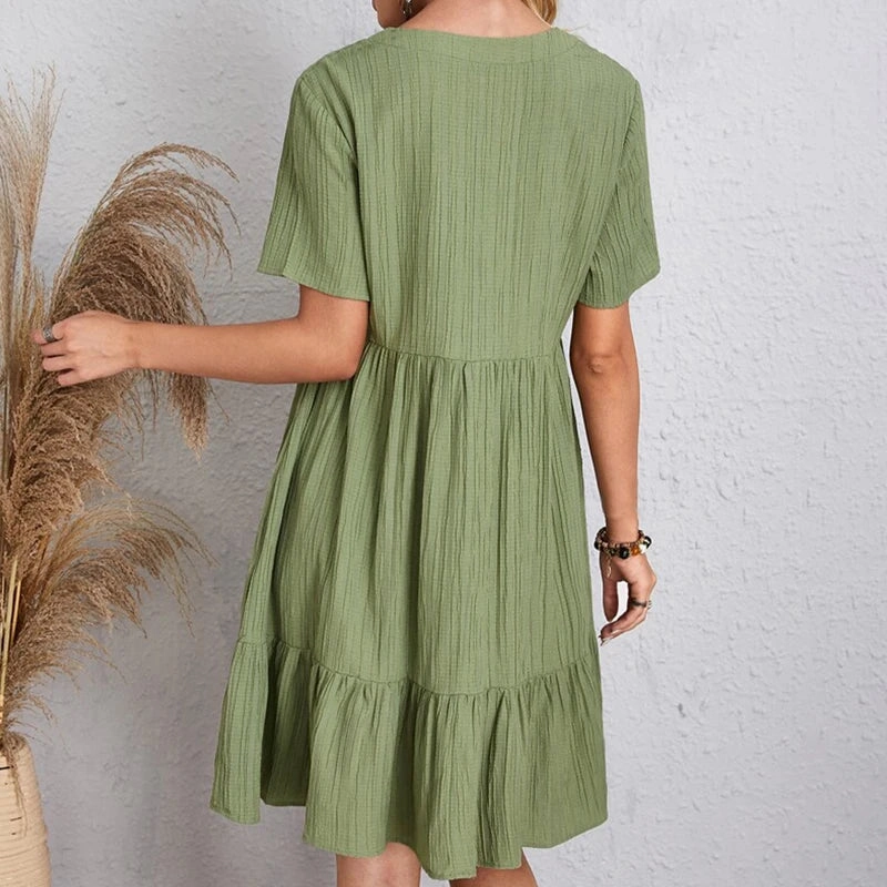 Summer Solid Dress Women Casual Bohemian V Neck Short Sleeve Ruffles Loose A Line Mini Dress for Elegant Beach Days