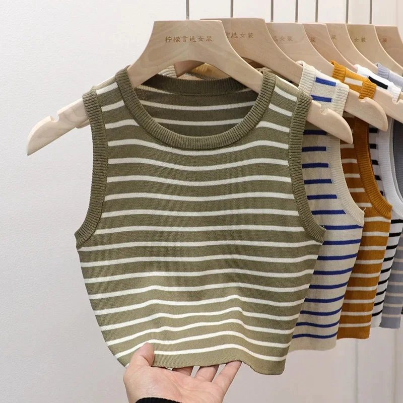 Summer Spring Striped Tank Tops Women Sleeveless Knitted Vests