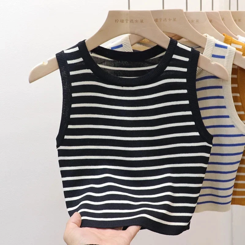 Summer Spring Striped Tank Tops Women Sleeveless Knitted Vests