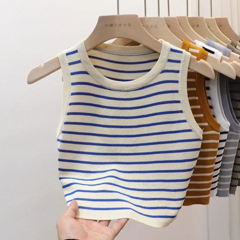 Summer Spring Striped Tank Tops Women Sleeveless Knitted Vests