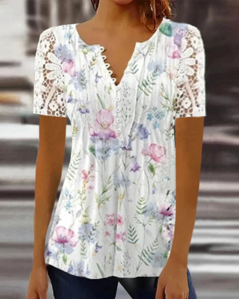 Summer Spring Women's Loose Fit Casual Lace V-Neck Printed Blouse Short Sleeve Elegant Fashion Shirt