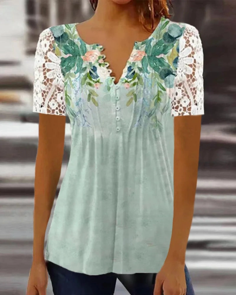 Summer Spring Women's Loose Fit Casual Lace V-Neck Printed Blouse Short Sleeve Elegant Fashion Shirt