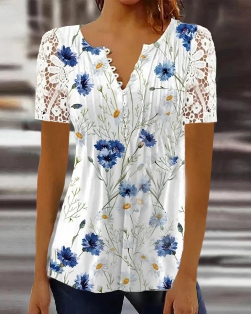 Summer Spring Women's Loose Fit Casual Lace V-Neck Printed Blouse Short Sleeve Elegant Fashion Shirt