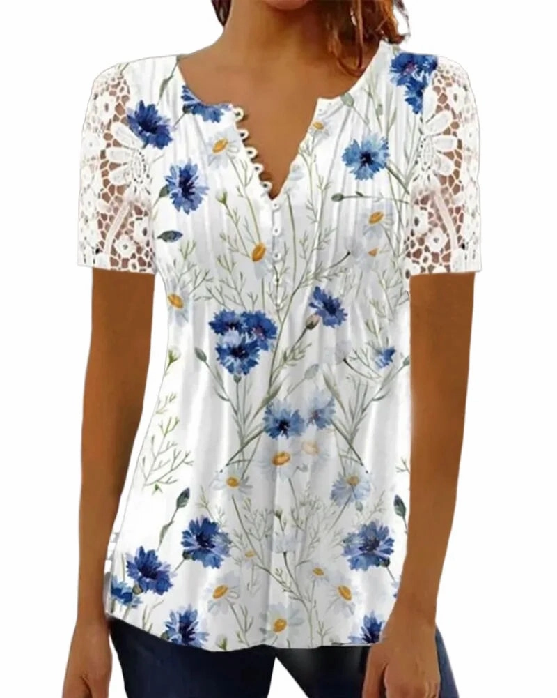 Summer Spring Women's Loose Fit Casual Lace V-Neck Printed Blouse Short Sleeve Elegant Fashion Shirt