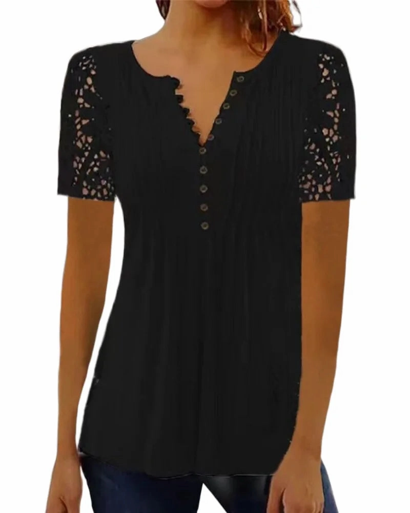 Summer Spring Women's Loose Fit Casual Lace V-Neck Printed Blouse Short Sleeve Elegant Fashion Shirt