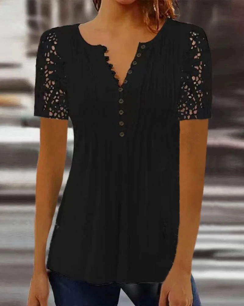 Summer Spring Women's Loose Fit Casual Lace V-Neck Printed Blouse Short Sleeve Elegant Fashion Shirt