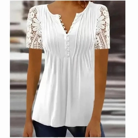 Summer Spring Women's Loose Fit Casual Lace V-Neck Printed Blouse Short Sleeve Elegant Fashion Shirt