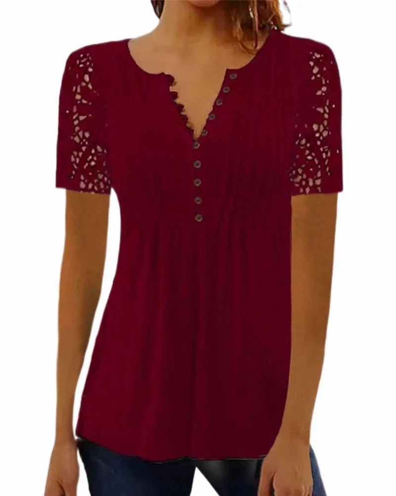 Summer Spring Women's Loose Fit Casual Lace V-Neck Printed Blouse Short Sleeve Elegant Fashion Shirt