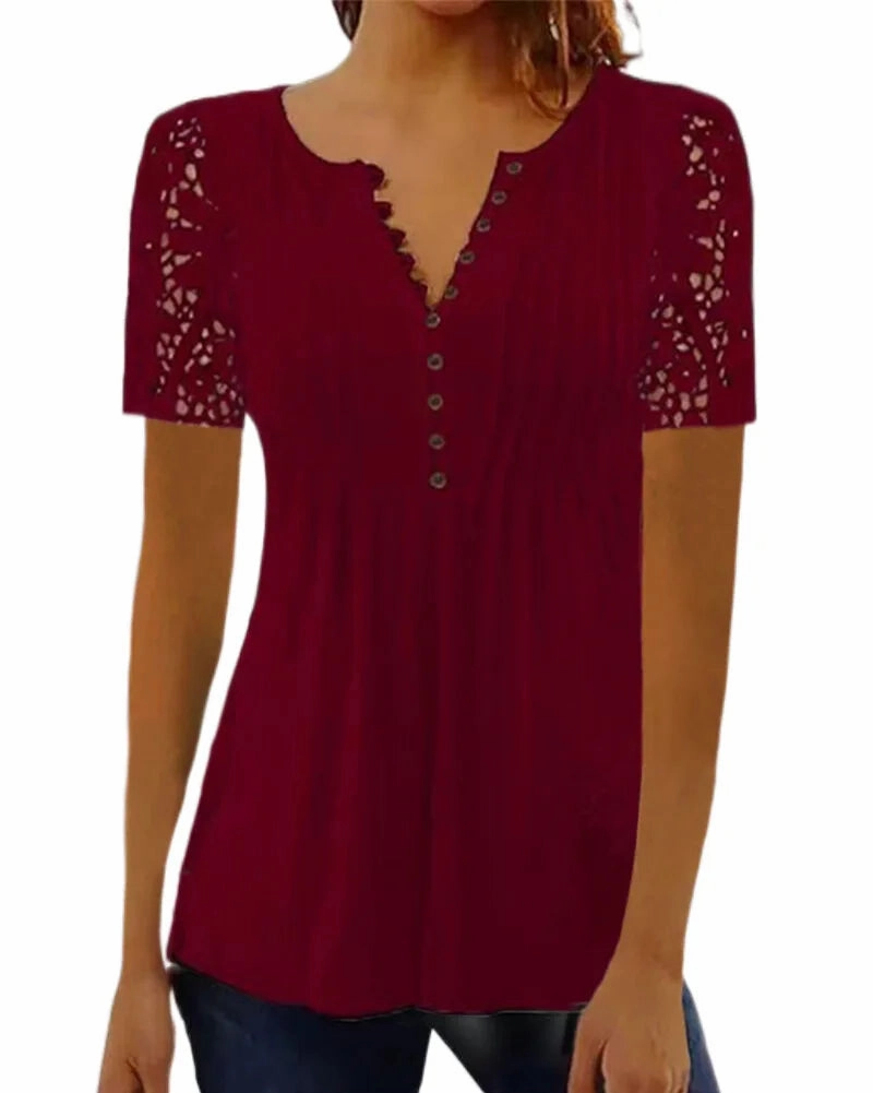 Summer Spring Women's Loose Fit Casual Lace V-Neck Printed Blouse Short Sleeve Elegant Fashion Shirt